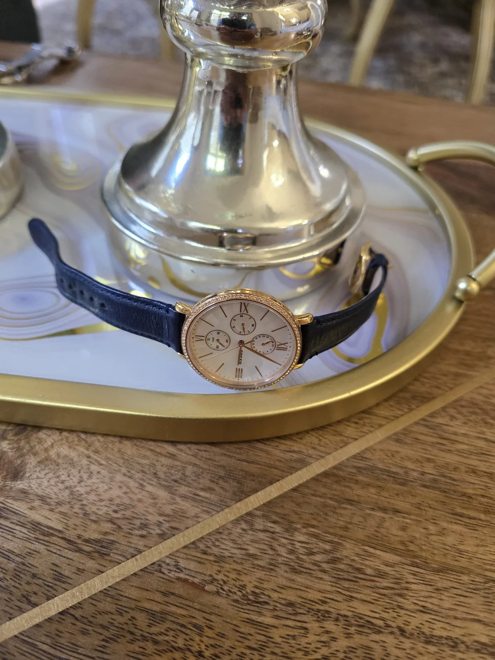 Fossil Gold-Tone Case Watch with White Dial and Black Leather Strap